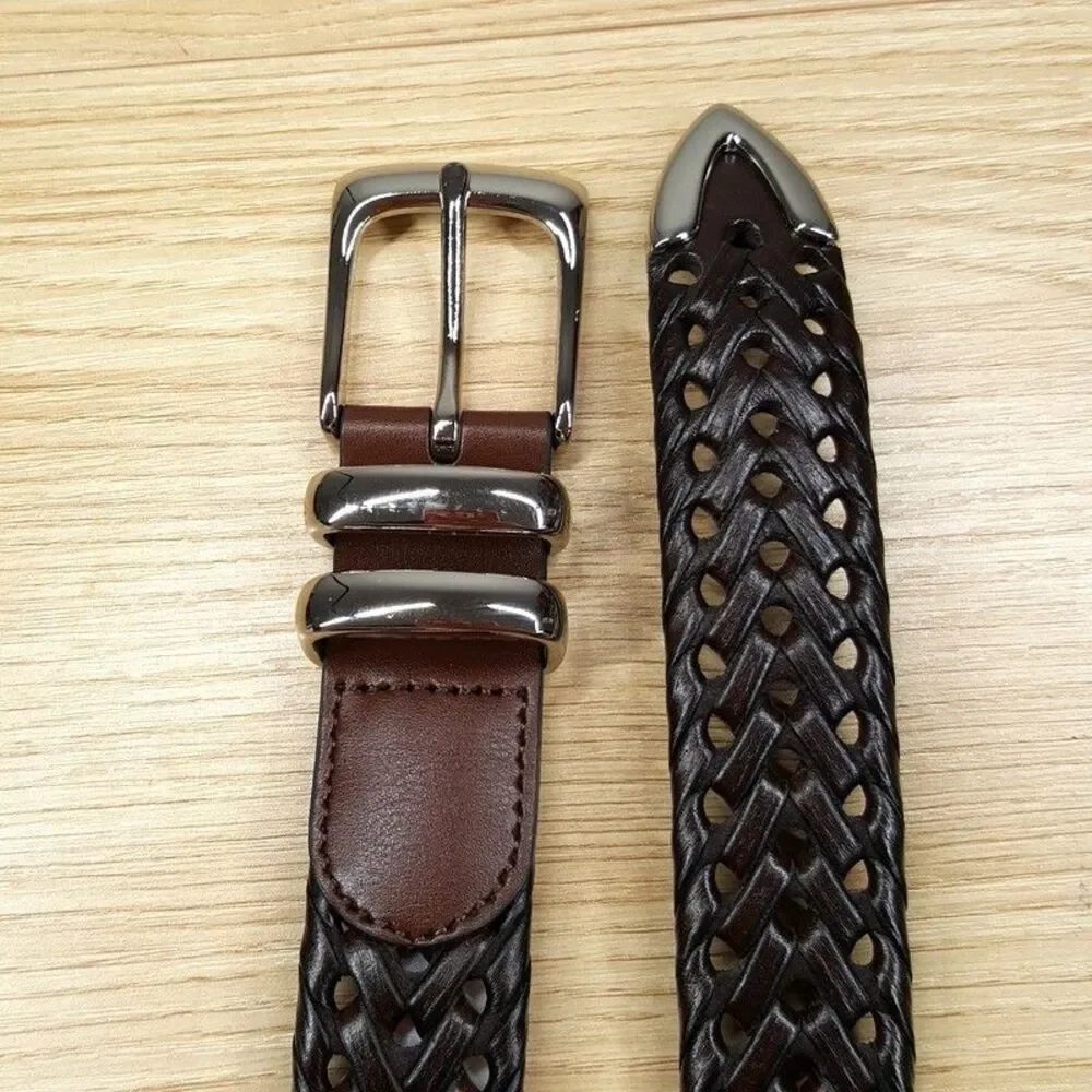 PERRY ELLIS Mens Belt Size 42 Brown Braided Bonded Leather Silver Tone Hardware